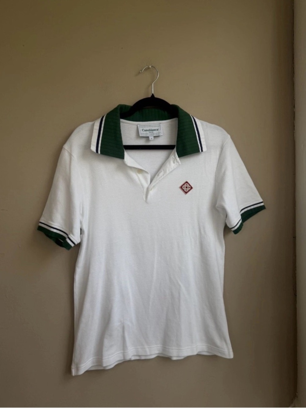 Casablanca Tennis Club Pique White Polo with Green Contrast Collar